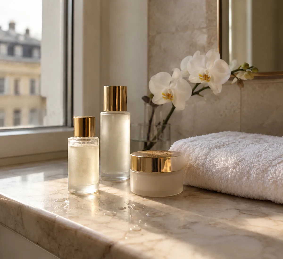 Pflegeprodukte, ein Handtuch und weiße Orchideen auf einer Marmor-Fensterbank